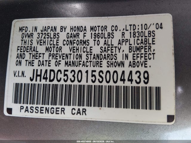 Aukcja sprzedaży 2005 Acura Rsx Type S, vin: JH4DC53015S004439, numer aukcji: 45374008