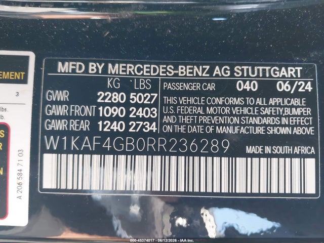 Продаж на аукціоні авто 2024 Mercedes-benz C 300, vin: W1KAF4GB0RR236289, номер лоту: 45374017