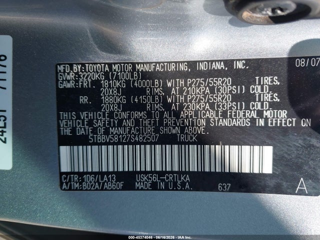 Auction sale of the 2007 Toyota Tundra Limited 5.7l V8, vin: 5TBBV58127S482507, lot number: 45374046