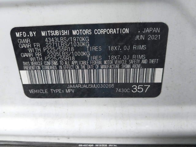 45374049 :رقم المزاد ، JA4ARUAU5MU030266 vin ، 2021 Mitsubishi Outlander Sport مزاد بيع