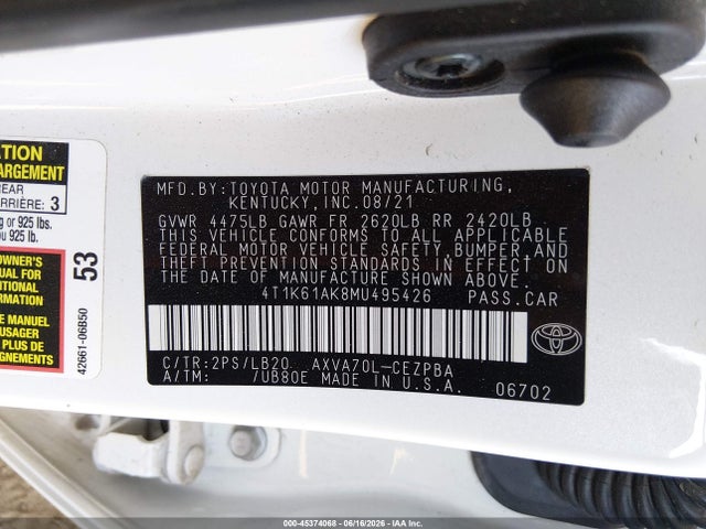 Aukcja sprzedaży 2021 Toyota Camry Xse, vin: 4T1K61AK8MU495426, numer aukcji: 45374068