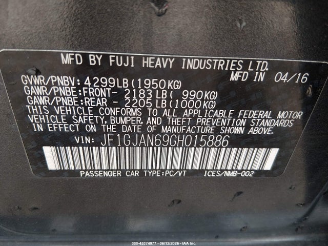 Aukcja sprzedaży 2016 Subaru Impreza 2.0i Limited, vin: JF1GJAN69GH015886, numer aukcji: 45374077