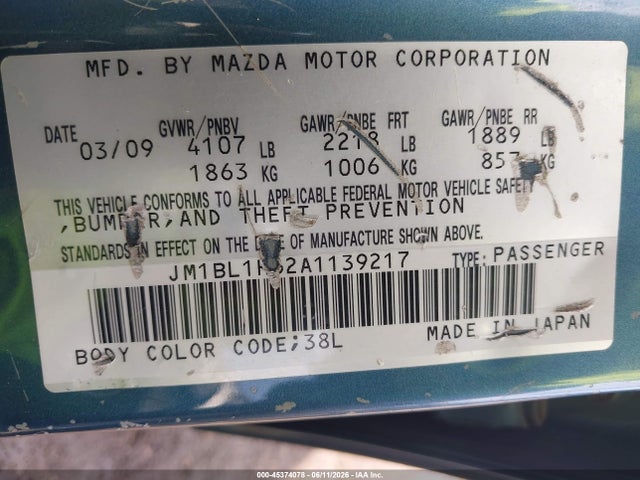 45374078 :رقم المزاد ، JM1BL1H62A1139217 vin ، 2010 Mazda Mazda3 S Grand Touring مزاد بيع