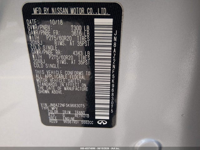 Продаж на аукціоні авто 2019 Infiniti Qx80 Luxe, vin: JN8AZ2NF5K9683075, номер лоту: 45374098