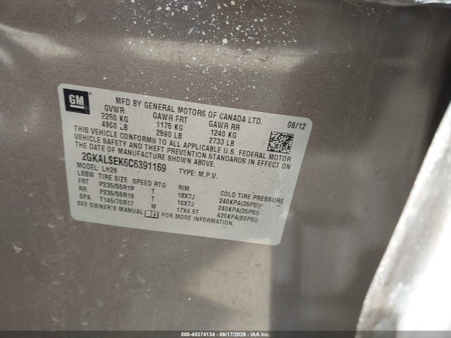 Продаж на аукціоні авто 2012 Gmc Terrain Sle-2, vin: 2GKALSEK6C6391169, номер лоту: 45374134