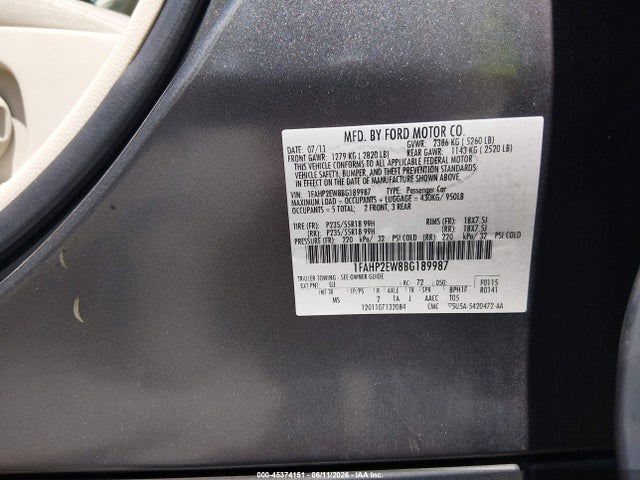 2011 Ford Taurus Sel მანქანა იყიდება აუქციონზე, vin: 1FAHP2EW8BG189987, აუქციონის ნომერი: 45374151
