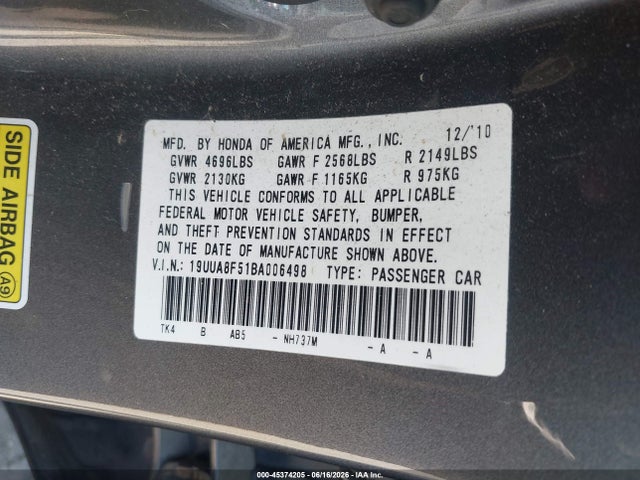 45374205 :رقم المزاد ، 19UUA8F51BA006498 vin ، 2011 Acura Tl 3.5 مزاد بيع