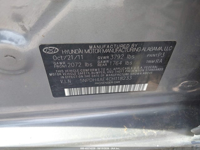 2012 Hyundai Elantra Limited მანქანა იყიდება აუქციონზე, vin: 5NPDH4AE4CH118233, აუქციონის ნომერი: 45374229