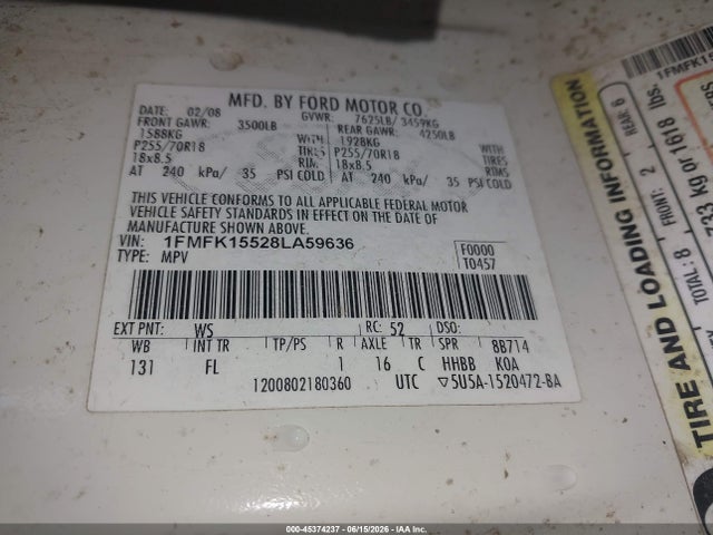 Продажа на аукционе авто 2008 Ford Expedition El Xlt, vin: 1FMFK15528LA59636, номер лота: 45374237