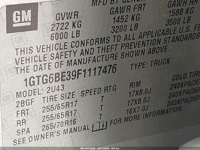 Продажа на аукционе авто 2015 Gmc Canyon 4wd Sle, vin: 1GTG6BE39F1117476, номер лота: 45374240