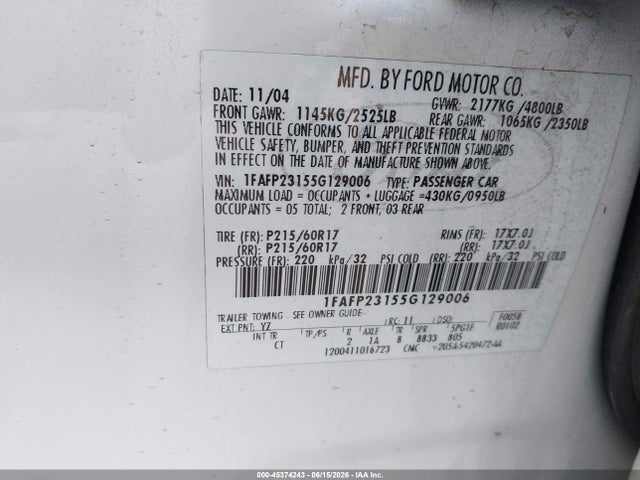 2005 Ford Five Hundred Se მანქანა იყიდება აუქციონზე, vin: 1FAFP23155G129006, აუქციონის ნომერი: 45374243