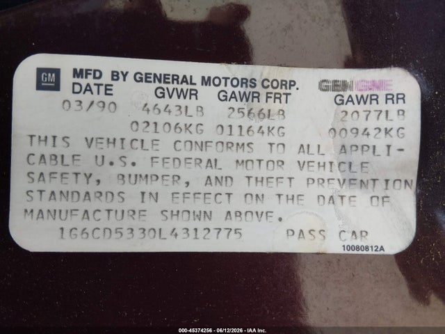 Aukcja sprzedaży 1990 Cadillac Deville, vin: 1G6CD5330L4312775, numer aukcji: 45374256