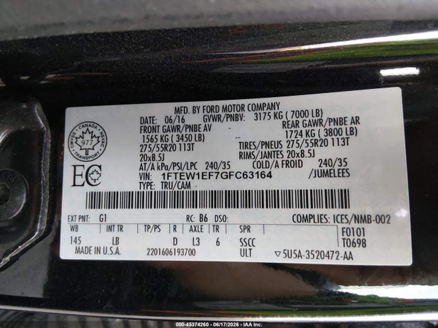 1FTEW1EF7GFC63164 Ford F-150 Lariat
