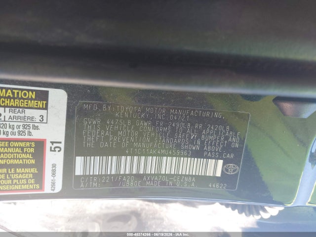 Продажа на аукционе авто 2021 Toyota Camry Le, vin: 4T1C11AK4MU459963, номер лота: 45374266