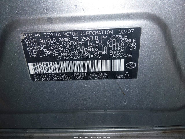 45374281 :رقم المزاد ، JTHBE96S970018772 vin ، 2007 Lexus Gs 350 مزاد بيع