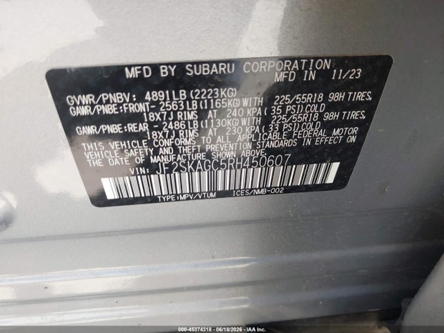 2024 Subaru Forester Sport მანქანა იყიდება აუქციონზე, vin: JF2SKAGC5RH450607, აუქციონის ნომერი: 45374318