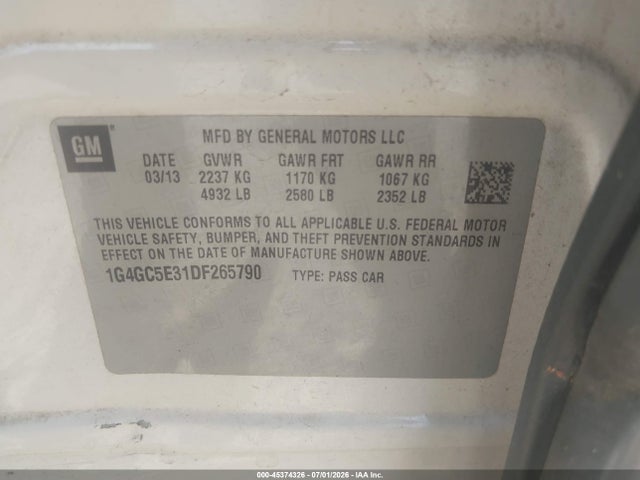 45374326 :رقم المزاد ، 1G4GC5E31DF265790 vin ، 2013 Buick Lacrosse Leather Group مزاد بيع