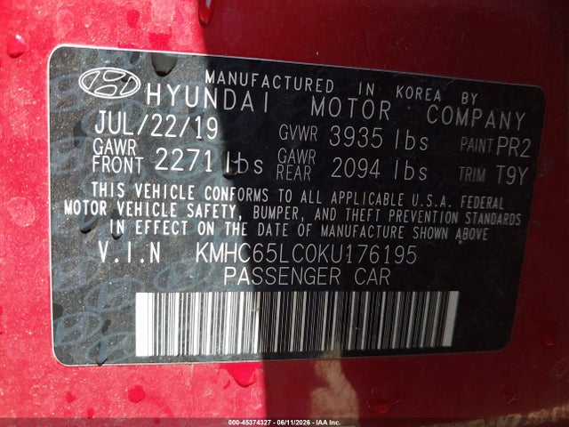 Aukcja sprzedaży 2019 Hyundai Ioniq Hybrid Blue, vin: KMHC65LC0KU176195, numer aukcji: 45374327
