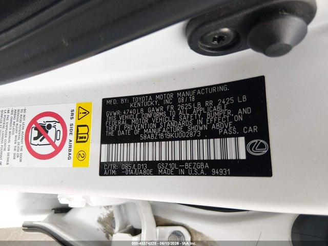 Продаж на аукціоні авто 2019 Lexus Es 350, vin: 58ABZ1B19KU002873, номер лоту: 45374328