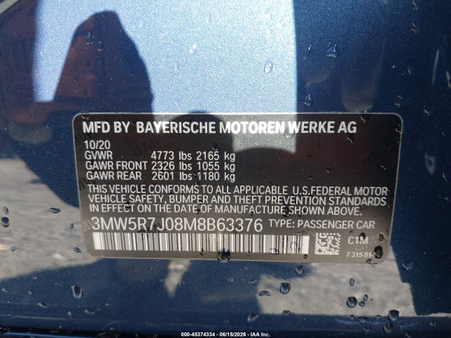Aukcja sprzedaży 2021 Bmw 330i Xdrive, vin: 3MW5R7J08M8B63376, numer aukcji: 45374334