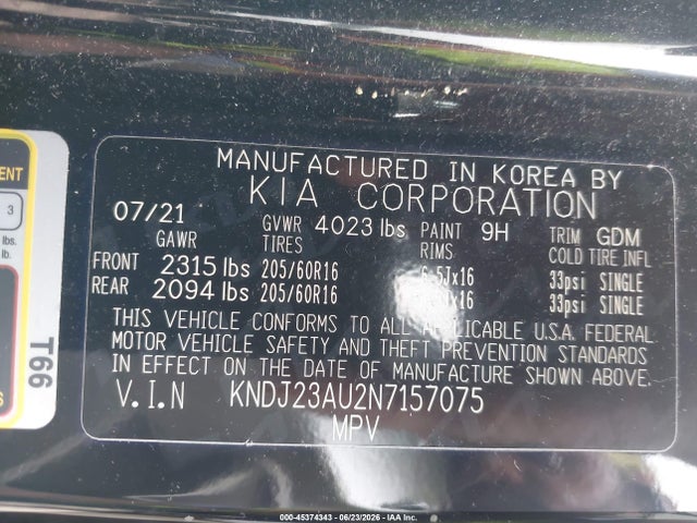 45374343 :رقم المزاد ، KNDJ23AU2N7157075 vin ، 2022 Kia Soul Lx مزاد بيع