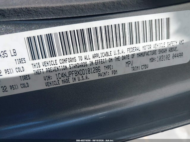 2013 Jeep Patriot Latitude მანქანა იყიდება აუქციონზე, vin: 1C4NJPFBXDD181286, აუქციონის ნომერი: 45374350