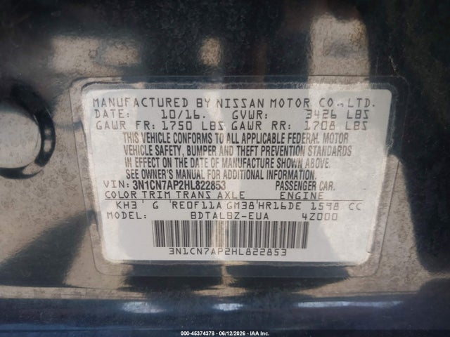 3N1CN7AP2HL822853 Nissan Versa 1.6 Sv