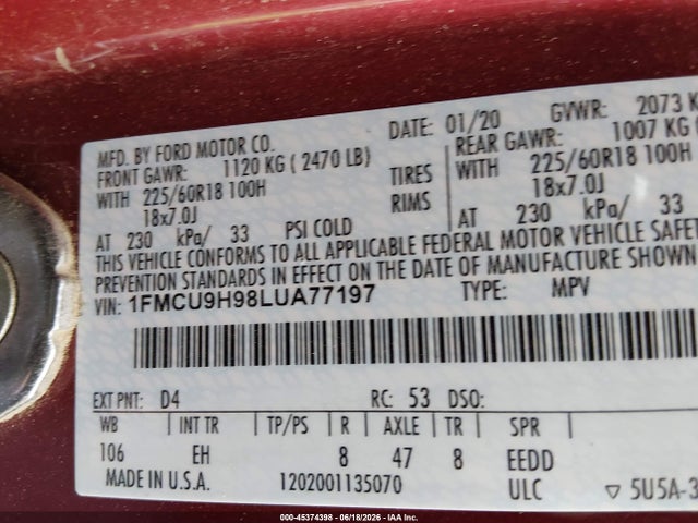 Ford ESCAPE SEL 2020 1FMCU9H98LUA77197 Image 9