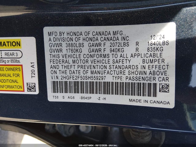 Продаж на аукціоні авто 2025 Honda Civic Sport, vin: 2HGFE2F50SH559297, номер лоту: 45374404