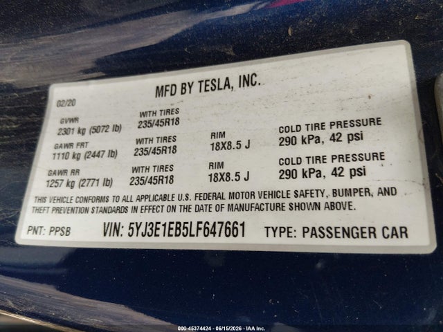 Tesla Model 3 Long Range Dual Motor All-wheel Drive 2020 5YJ3E1EB5LF647661 Image 9