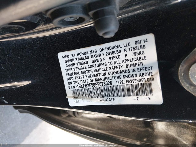 45374462 :رقم المزاد ، 19XFB2F58EE078026 vin ، 2014 Honda Civic Lx مزاد بيع