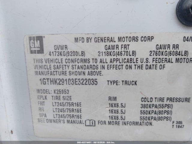 45374481 :رقم المزاد ، 1GTHK29103E322035 vin ، 2003 Gmc Sierra 2500hd Slt مزاد بيع
