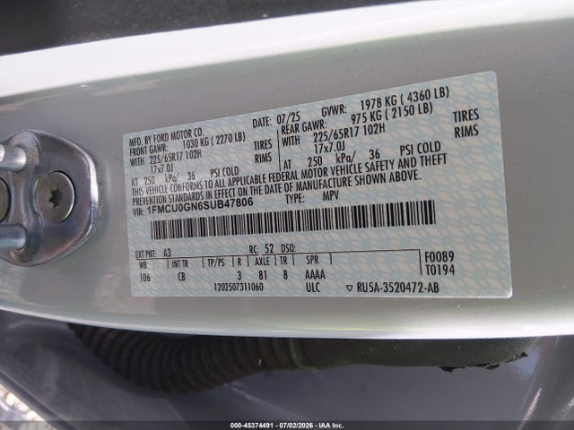 45374491 :رقم المزاد ، 1FMCU0GN6SUB47806 vin ، 2025 Ford Escape Active مزاد بيع