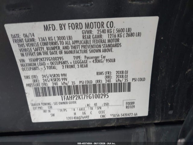 Aukcja sprzedaży 2015 Ford Taurus Sho, vin: 1FAHP2KT7FG100295, numer aukcji: 45374504