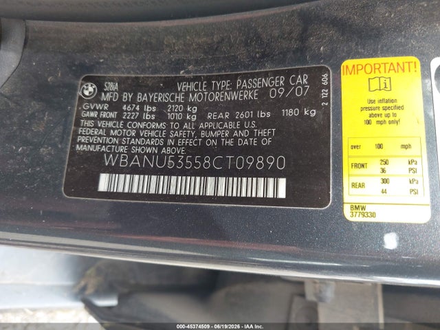 2008 Bmw 528i მანქანა იყიდება აუქციონზე, vin: WBANU53558CT09890, აუქციონის ნომერი: 45374509
