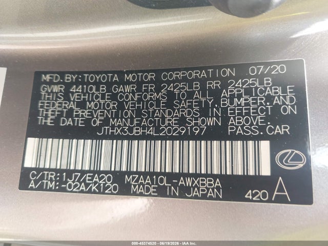 2020 Lexus Ux 200 მანქანა იყიდება აუქციონზე, vin: JTHX3JBH4L2029197, აუქციონის ნომერი: 45374520