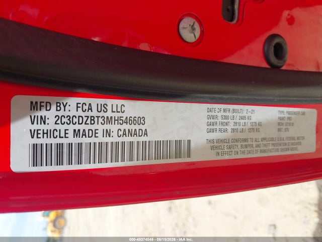 2021 Dodge Challenger R/t მანქანა იყიდება აუქციონზე, vin: 2C3CDZBT3MH546603, აუქციონის ნომერი: 45374546