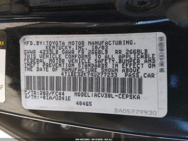 Aukcja sprzedaży 2004 Toyota Camry Se, vin: 4T1BE32K74U277233, numer aukcji: 45374562