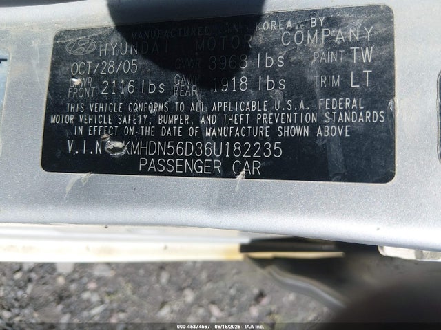 2006 Hyundai Elantra Gls/gt მანქანა იყიდება აუქციონზე, vin: KMHDN56D36U182235, აუქციონის ნომერი: 45374567