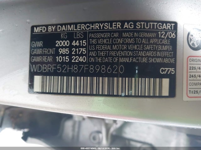 Auction sale of the 2007 Mercedes-benz C 230 Sport, vin: WDBRF52H87F898620, lot number: 45374569