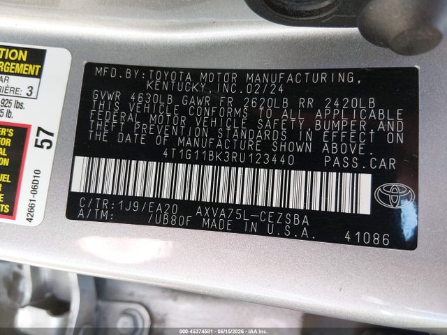 Продажа на аукционе авто 2024 Toyota Camry Se, vin: 4T1G11BK3RU123440, номер лота: 45374581