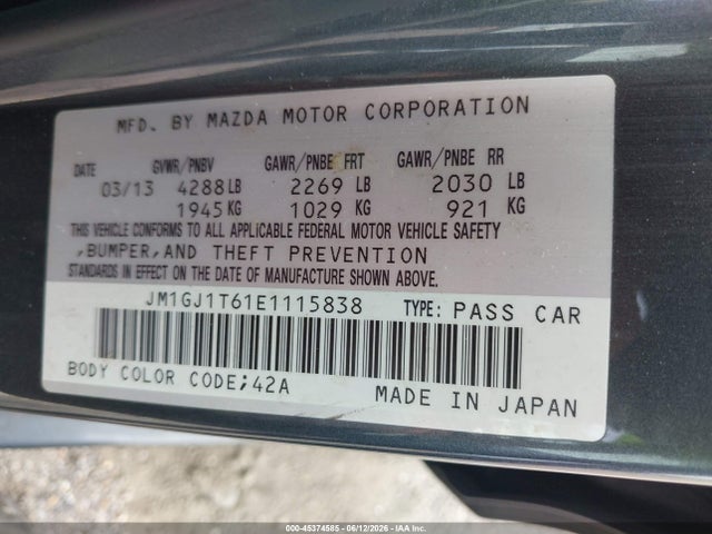 Aukcja sprzedaży 2014 Mazda Mazda6 I Touring, vin: JM1GJ1T61E1115838, numer aukcji: 45374585