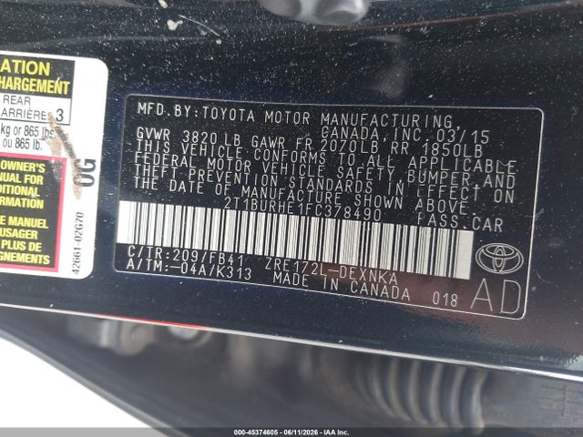 Aukcja sprzedaży 2015 Toyota Corolla Le, vin: 2T1BURHE1FC378490, numer aukcji: 45374605