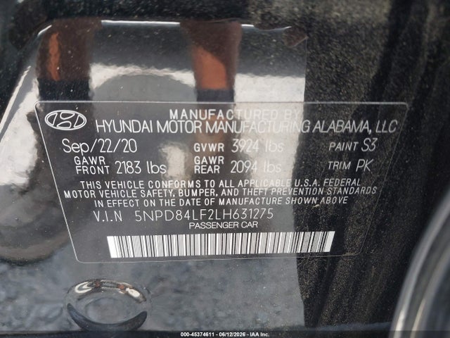Продажа на аукционе авто 2020 Hyundai Elantra Sel, vin: 5NPD84LF2LH631275, номер лота: 45374611