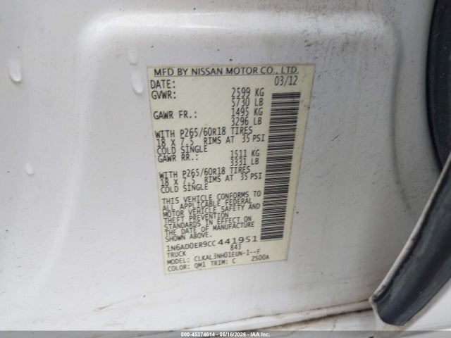 45374614 :رقم المزاد ، 1N6AD0ER9CC441951 vin ، 2012 Nissan Frontier Sl مزاد بيع
