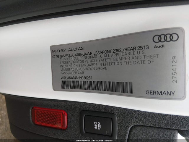 45374617 :رقم المزاد ، WAUANAF48HN026251 vin ، 2017 Audi A4 Premium مزاد بيع