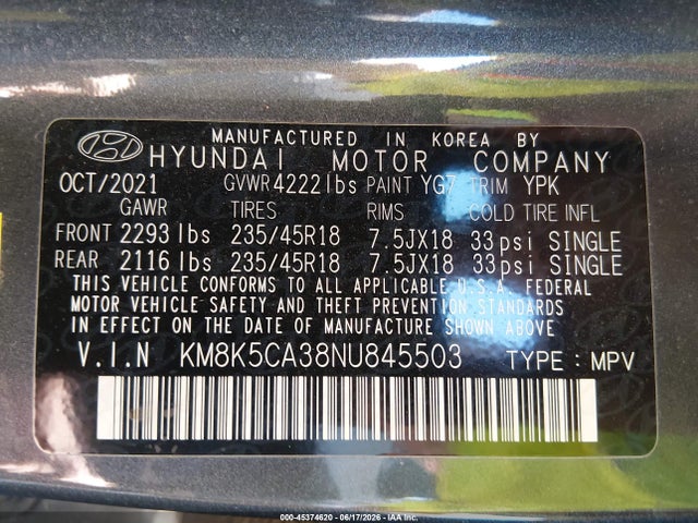 Aukcja sprzedaży 2022 Hyundai Kona Limited, vin: KM8K5CA38NU845503, numer aukcji: 45374620