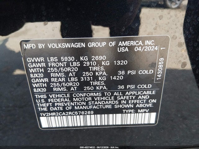 Продаж на аукціоні авто 2024 Volkswagen Atlas 2.0t Se W/technology, vin: 1V2HR2CA2RC576269, номер лоту: 45374632