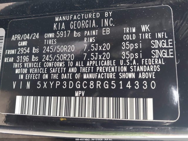Продажа на аукционе авто 2024 Kia Telluride Ex X-line, vin: 5XYP3DGC8RG514330, номер лота: 45374643
