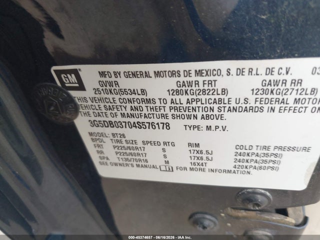 2004 Buick Rendezvous Cx მანქანა იყიდება აუქციონზე, vin: 3G5DB03704S576178, აუქციონის ნომერი: 45374657